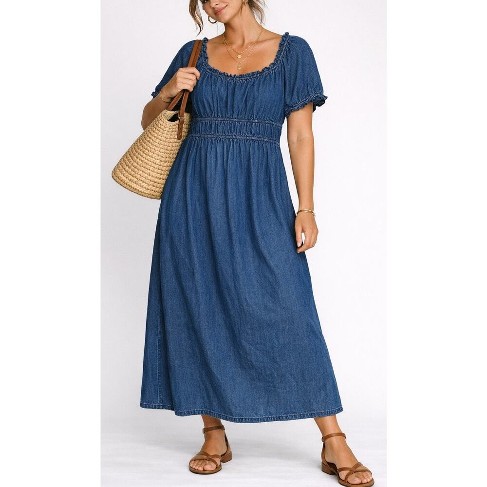 JFW Babydoll Puff Sleeve Denim Maxi Dress 2X Blue Prairie Boho Coastal Cottage